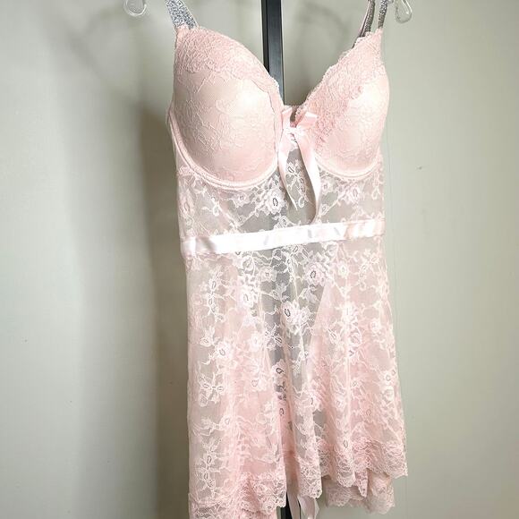 Pink Stretch‎ Lace 1X intimate sleepwear- cup C-D, satin ribbon ties in back - Picture 1 of 10